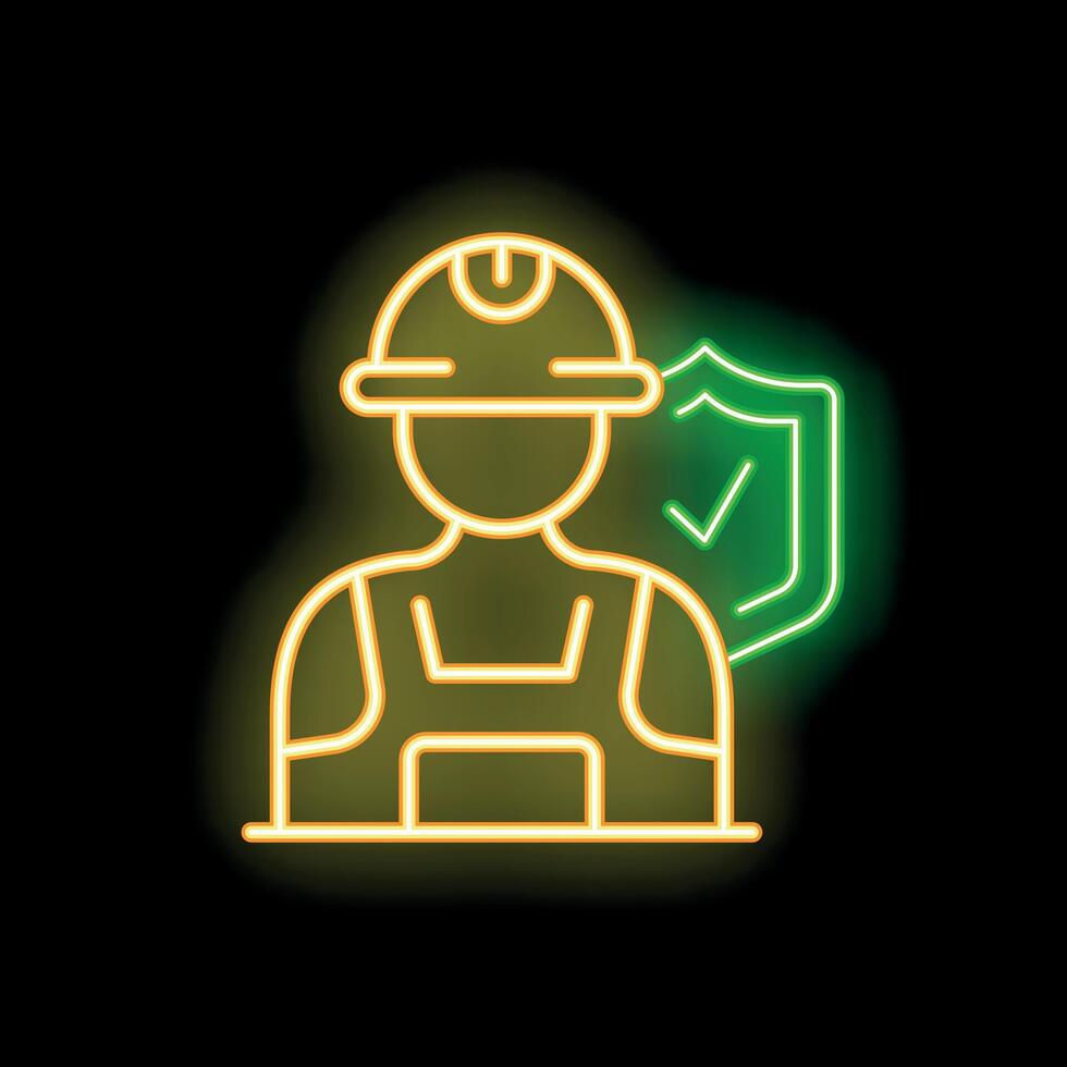 Neon style icon of construction worker wearing hard hat with protection shield vector