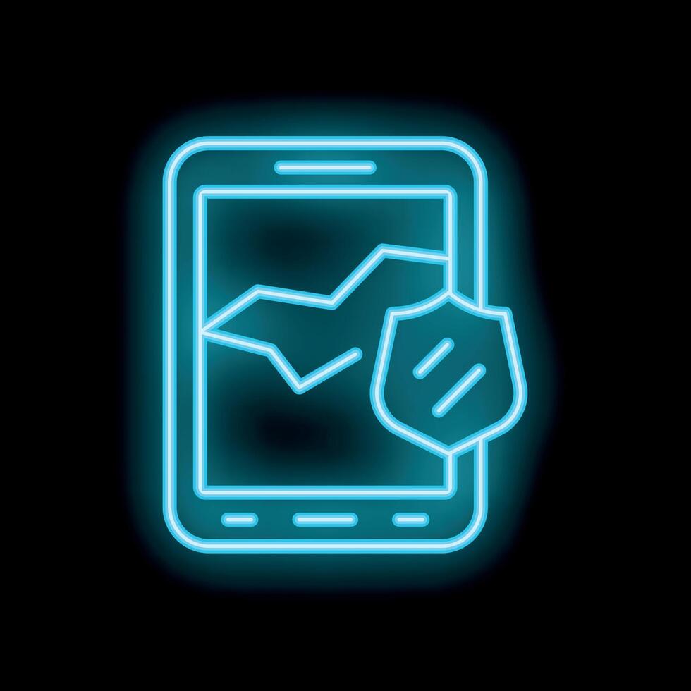 Mobile phone showing graph with security shield neon sign on black background vector