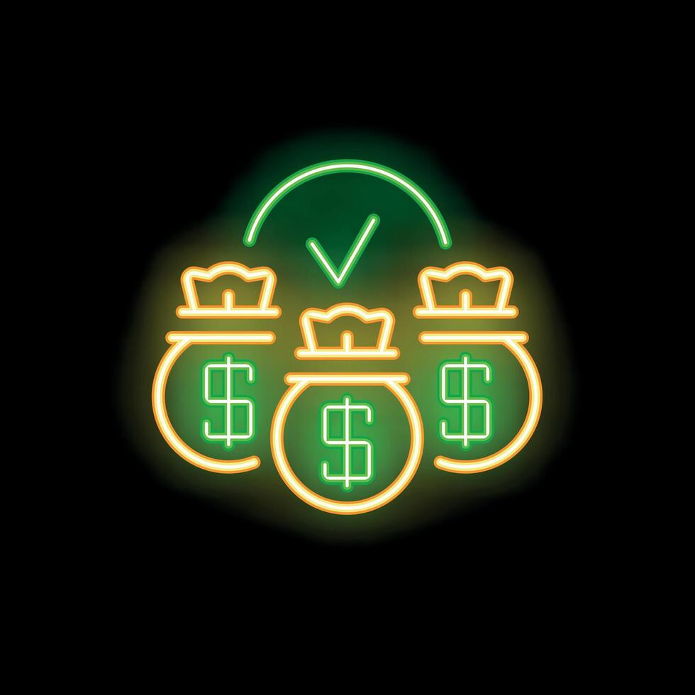 Neon sign representing money bags validated with green check mark vector