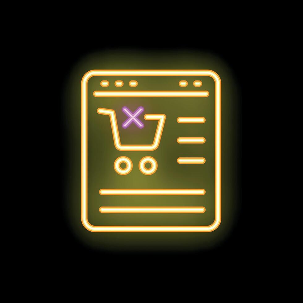 Neon sign representing online order cancellation with shopping cart icon on black background vector