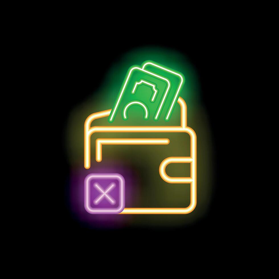 Neon wallet with money showing no cash sign on black background vector