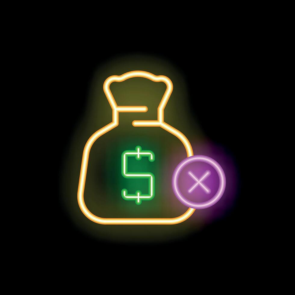Neon sign showing money bag with dollar sign and cross mark icon vector