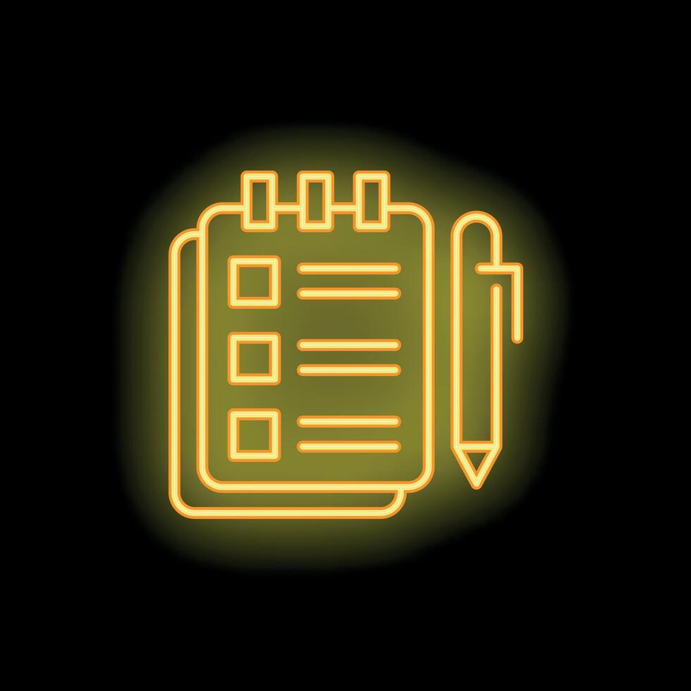 Neon yellow notepad and pen icon glowing on black background vector