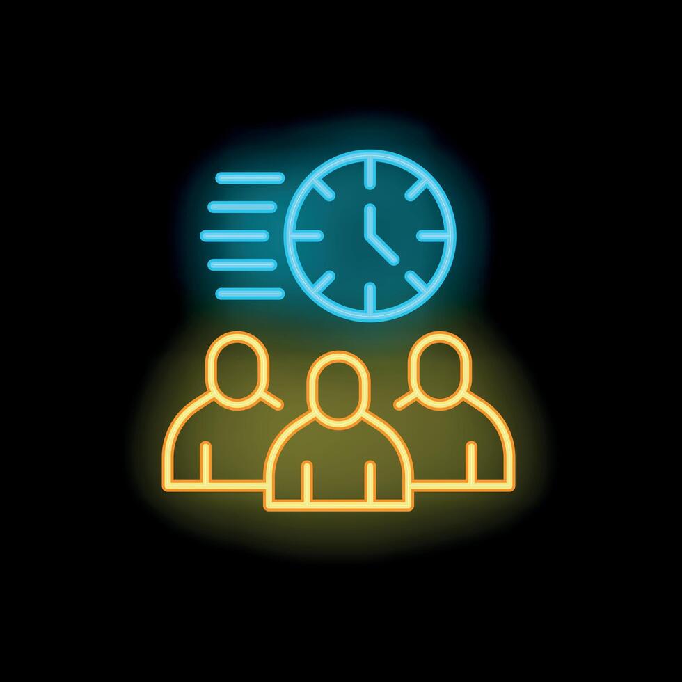 Neon icon of clock ticking showing deadline for team of workers vector