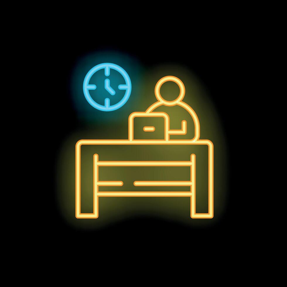 Businessman working overtime at office desk neon sign icon vector