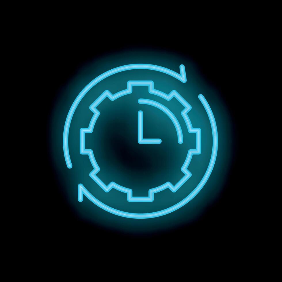 Neon clock surrounded by rotating gear showing time management concept vector