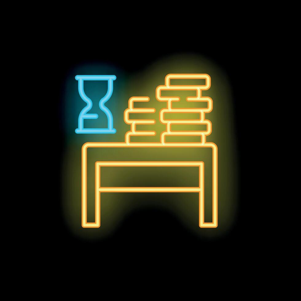 Neon sign of hourglass and casino chips on table representing time management in gambling vector