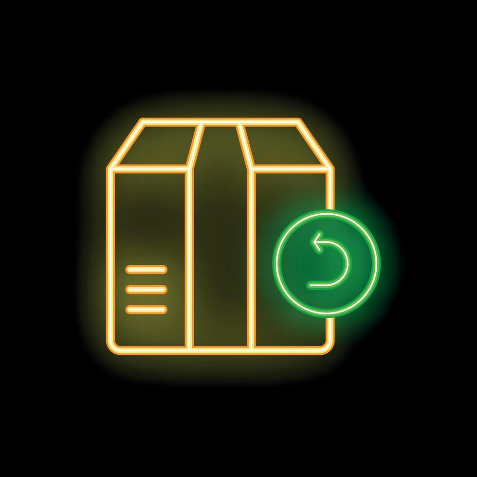 Glowing neon line return cardboard box icon isolated on black background representing parcel return vector