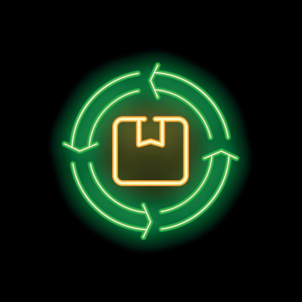 Neon green circular flow with cardboard box in center on black background vector