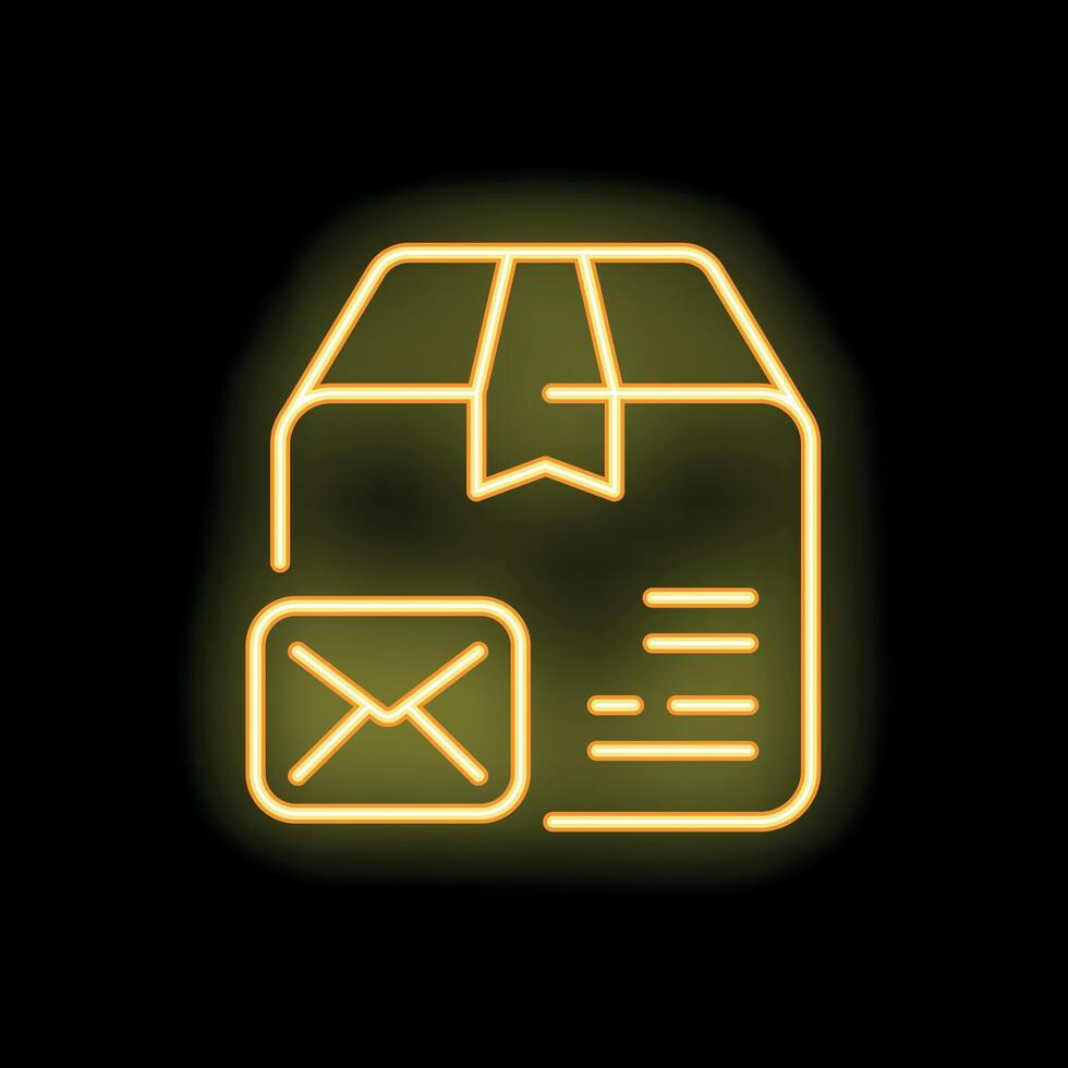 Neon yellow parcel with email notification icon on black background vector