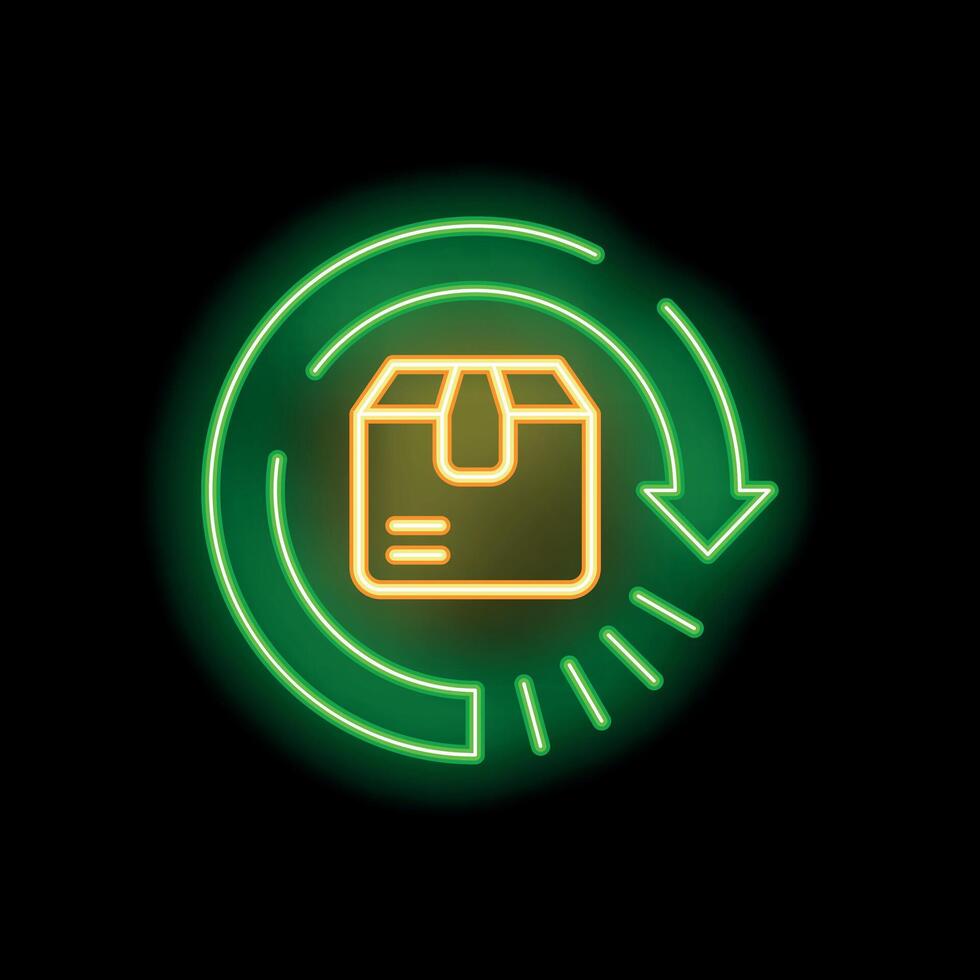 Neon green circular arrow moving around cardboard box on black background vector