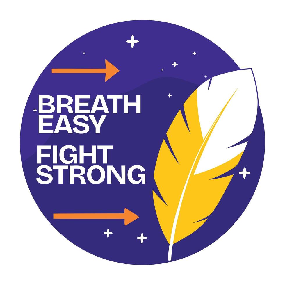 Bird feather with breath easy, fight strong typography, flat sticker vector