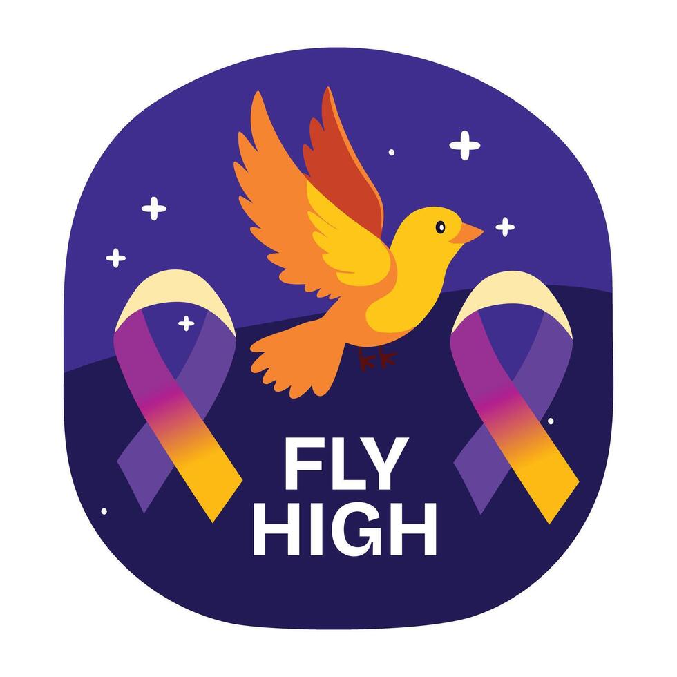 Flat sticker of a bird flying above two ribbons with text fly high vector