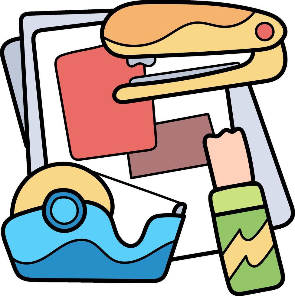 A paper cutter, scissors, and other items are shown vector