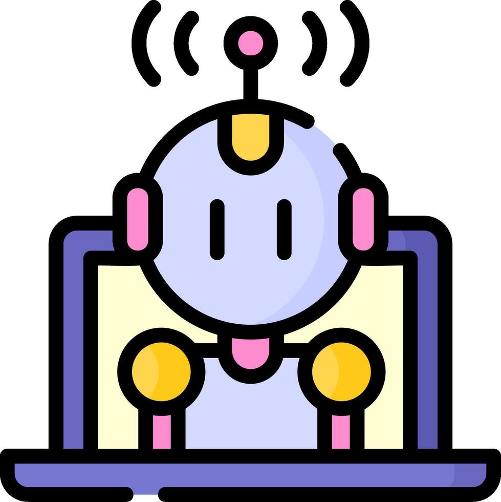A robot is sitting on a laptop with a wireless signal vector