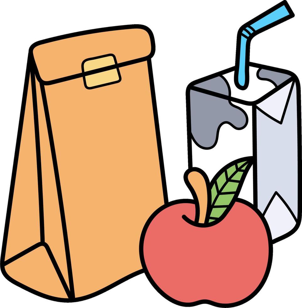 An apple and a lunch bag with a straw vector