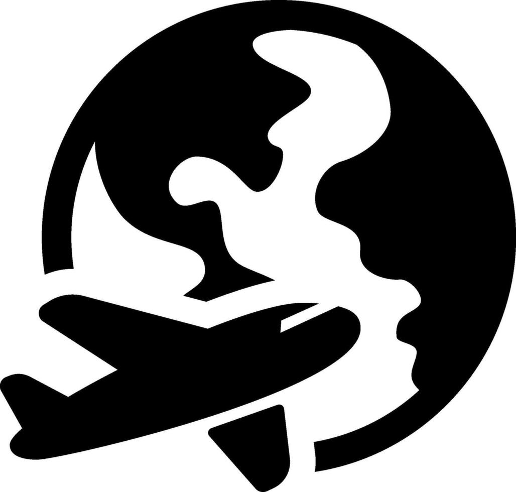 A black and white silhouette of an airplane flying over the earth vector