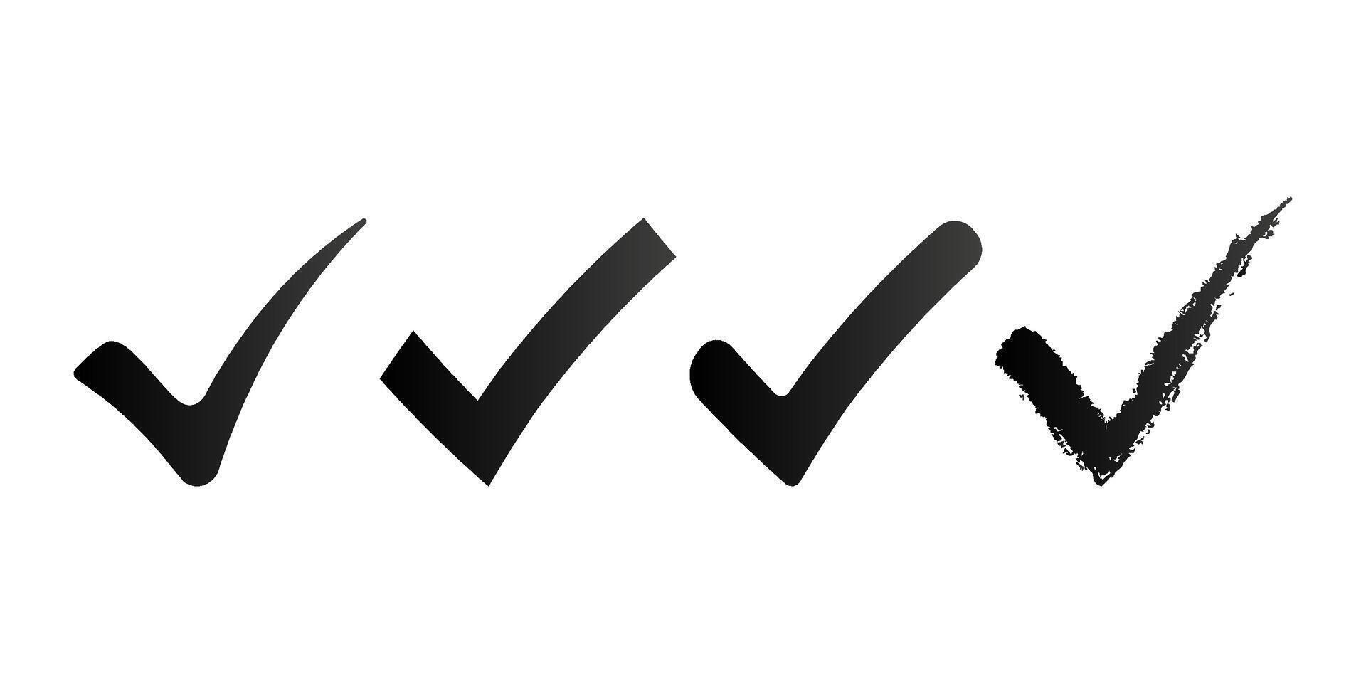 Set of different check mark icons on isolated background. Black ticks. vector