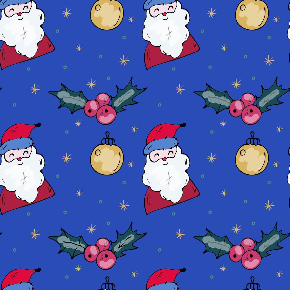 Christmas and New Year pattern with Santa Claus, holly and Christmas tree toy on a blue background. vector