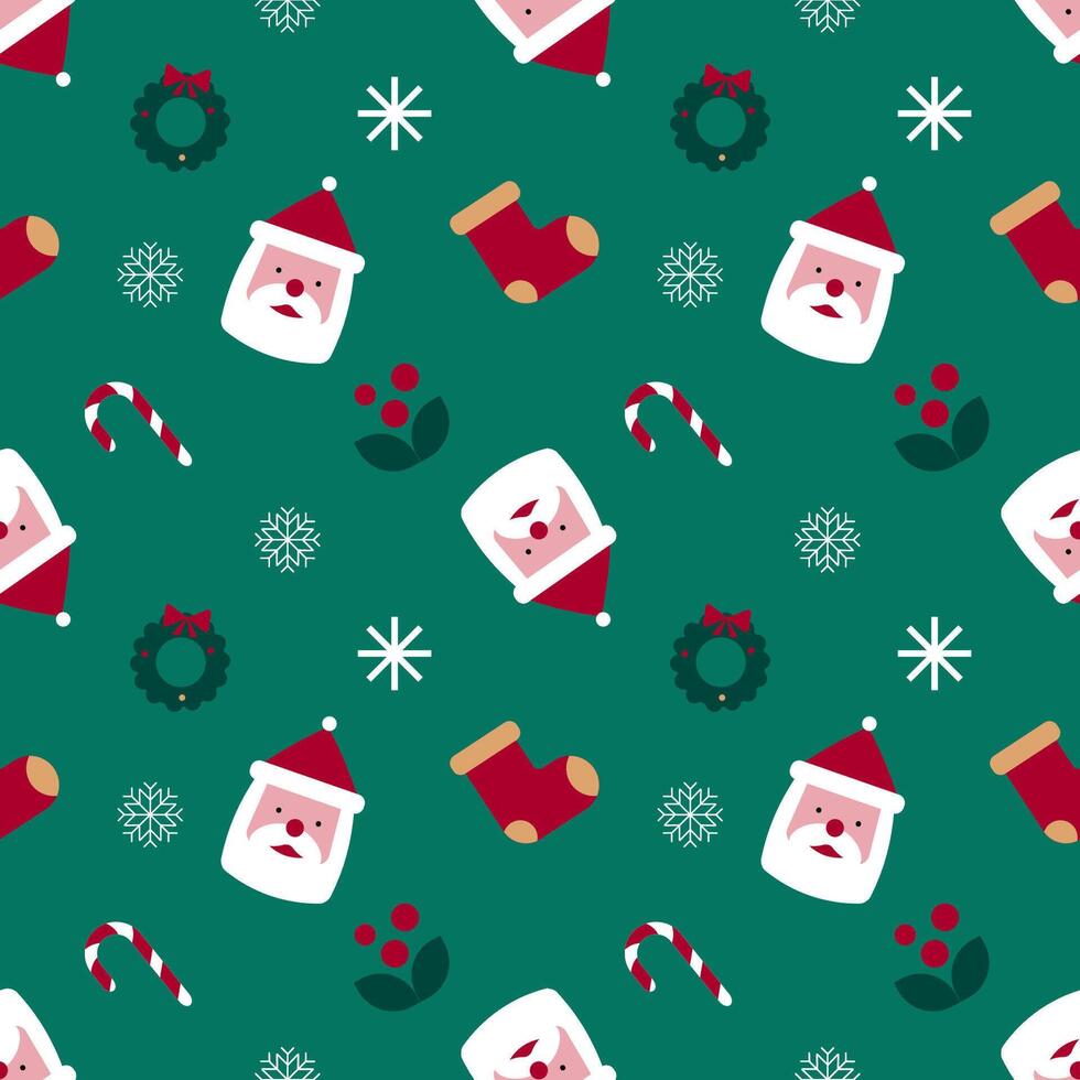 Christmas pattern with green background.Seamless New Year texture with winter geometric elements.Santa head, Christmas stocking, snowflakes, candy cane, wreath, mistletoe. vector