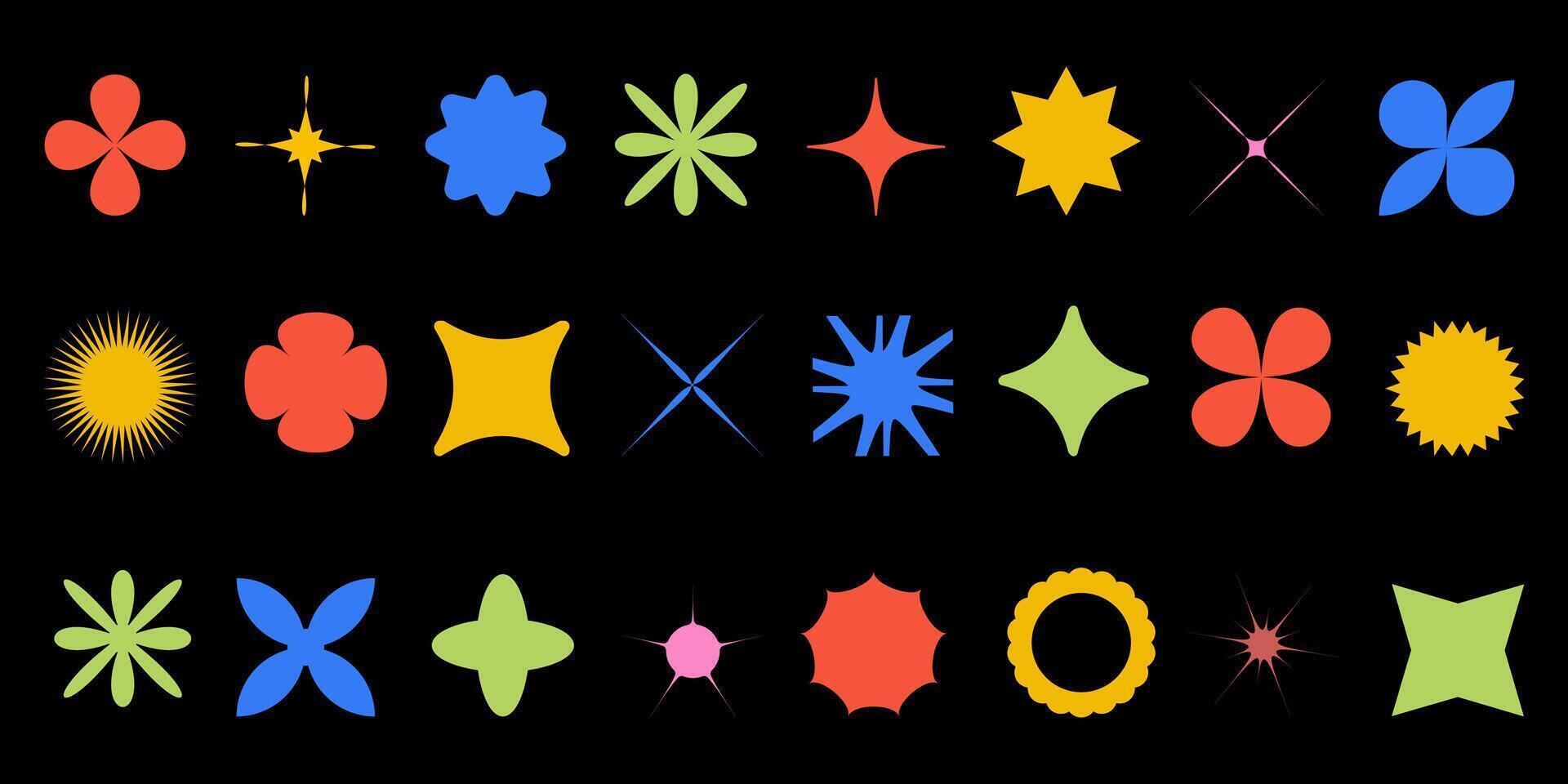 Abstract Y2K geometric shapes. Set of bright futuristic elements on black background. vector