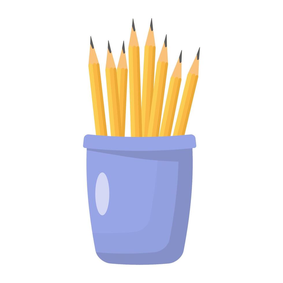 A pile of yellow pencils standing in an office vase on an isolated background.Drawing tool and stationery basket in flat style. vector