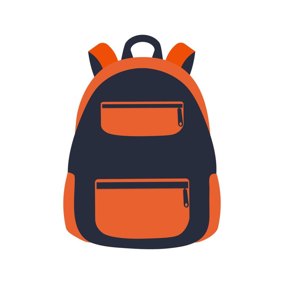 Dark blue school backpack with orange pockets on a white background. Illustration in flat style. vector