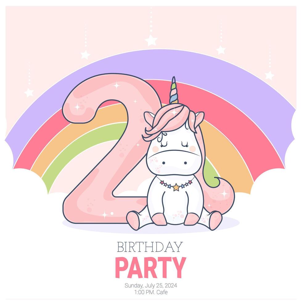 Birthday invitation with baby unicorn. vector