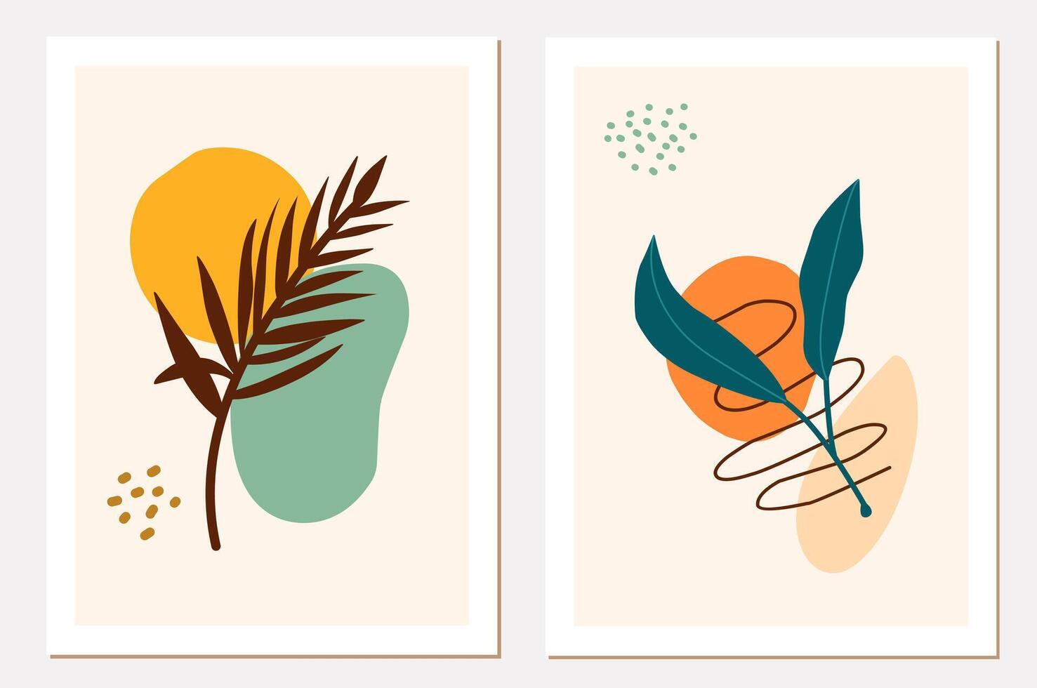 Abstract botanical wall art illustration set. Line art drawing of leaves with abstract shapes. Abstract plant art design for print, covers, wrapping paper, minimal and natural wall decorations. vector