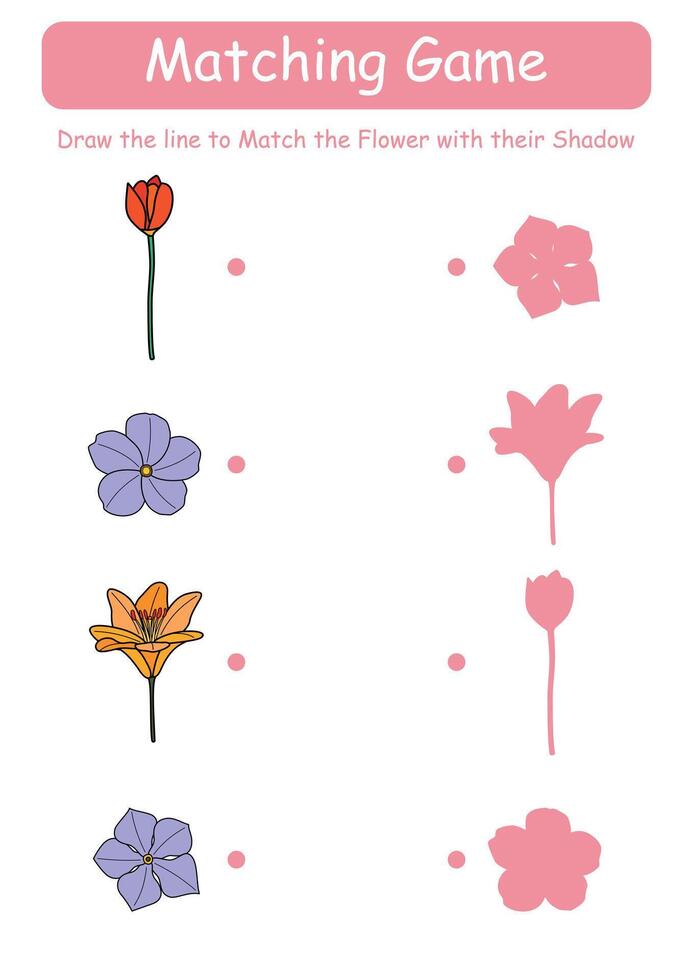 Matching Shadow game for children in a wild flower hand-drawing style with background, illustration vector