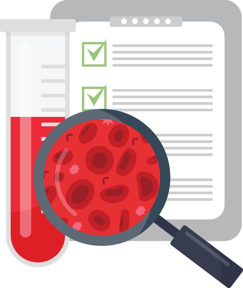 Hematology concept with red blood cell in test tube. Hematology concept with red blood cell tube laboratory analysis flat examine. Hematology blood red cell liquid vector