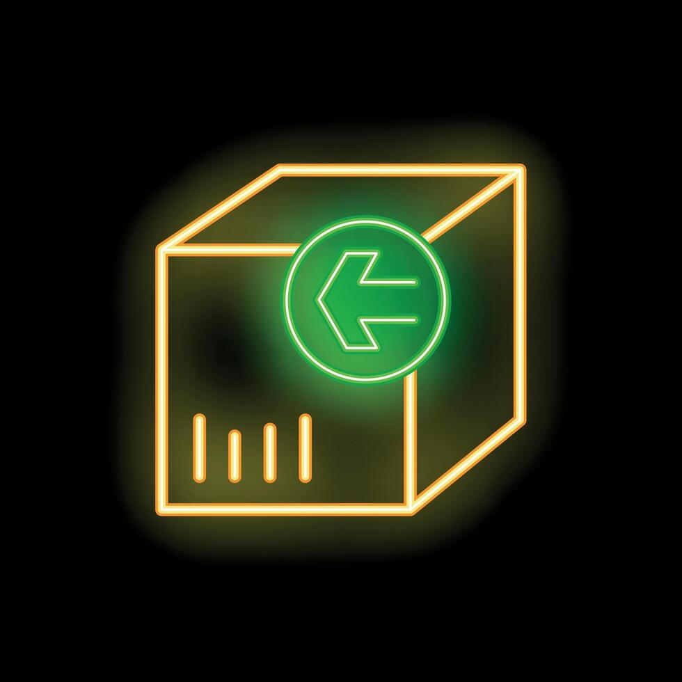 Neon green return shipping box icon glowing on black background vector