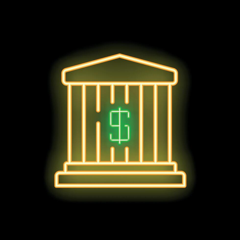 Neon sign of classical bank building with dollar sign glowing in the dark vector