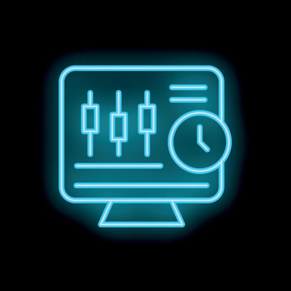 Neon blue trading computer icon showing time management concept vector