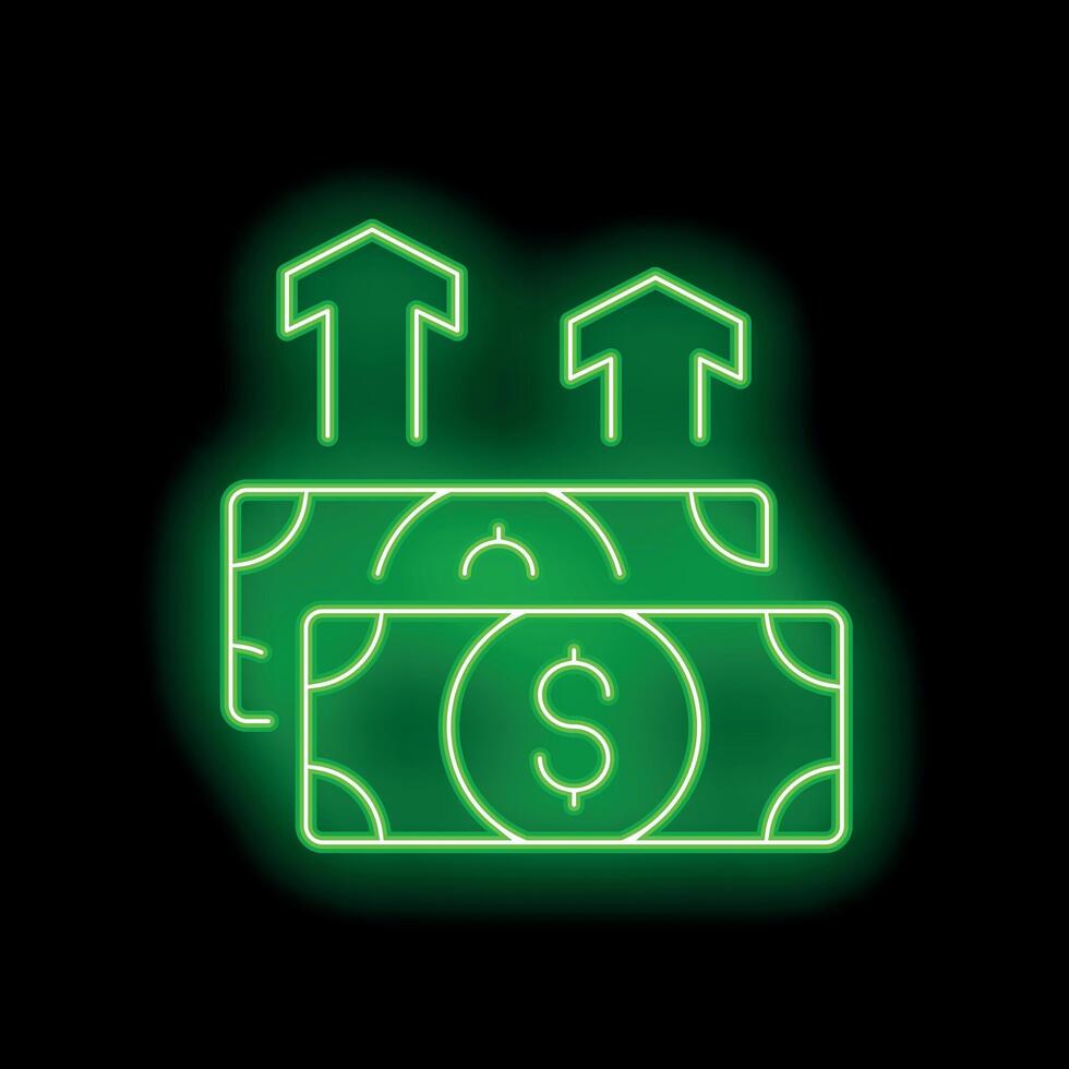 Neon green dollar bills increasing value with up arrows vector