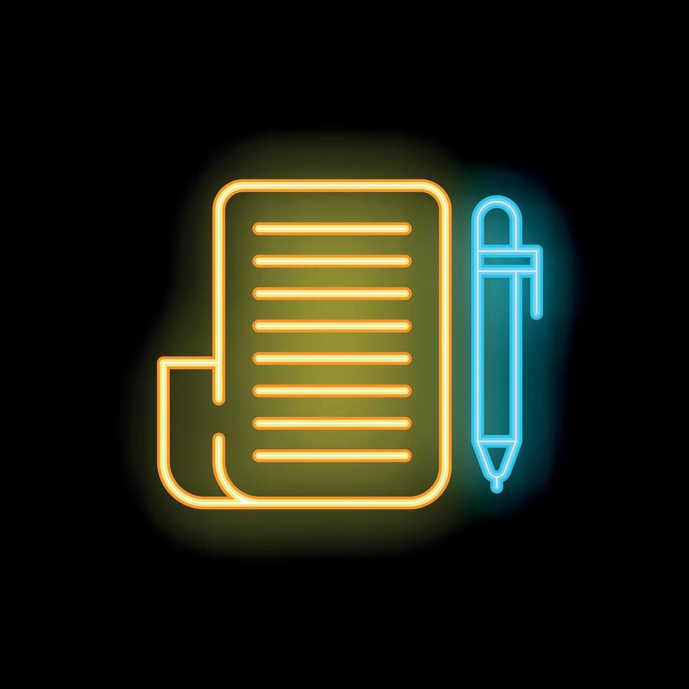 Neon sign of a pen and paper for writing and taking notes vector