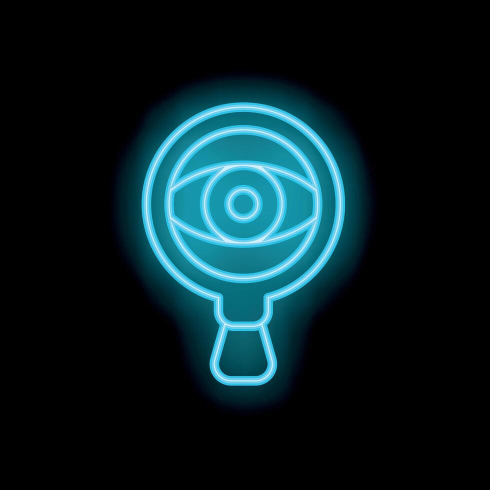 Blue neon magnifying glass zooming in on eye on black background vector
