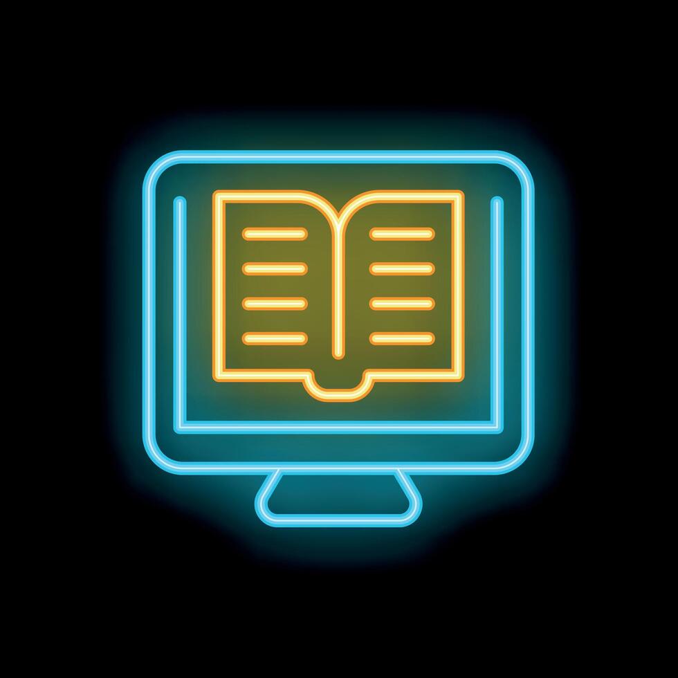 Neon icon of open book displayed on computer monitor screen vector