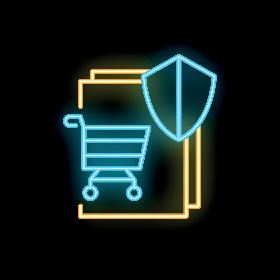 Neon shopping cart icon representing online shopping security vector