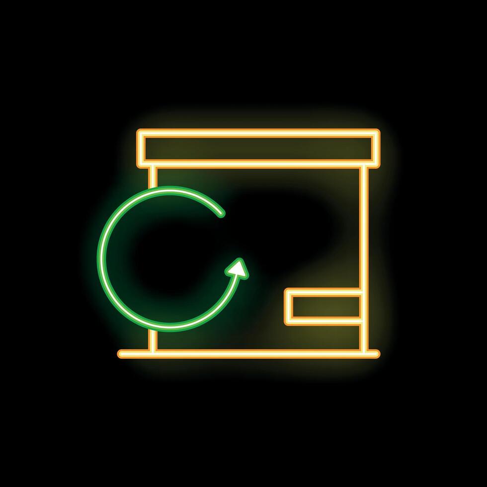 Neon green recycle symbol turning around cardboard box on black background vector