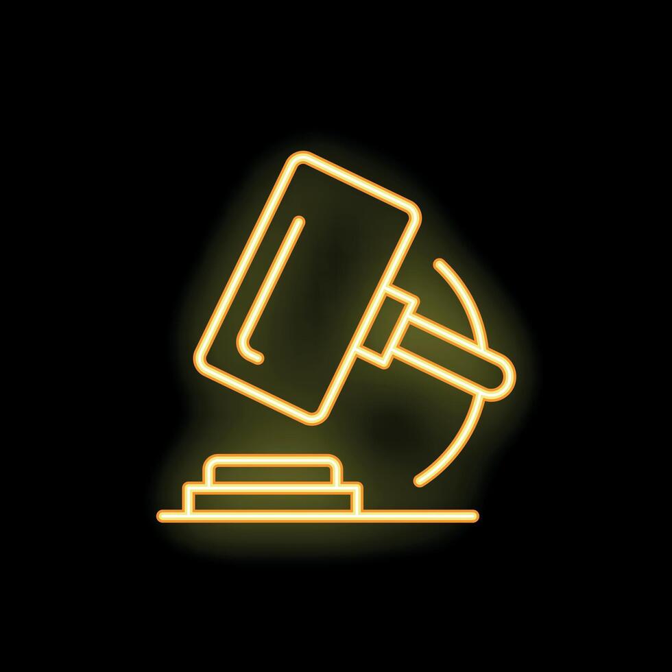 Neon sign of hammer striking surface representing auction or law concept vector