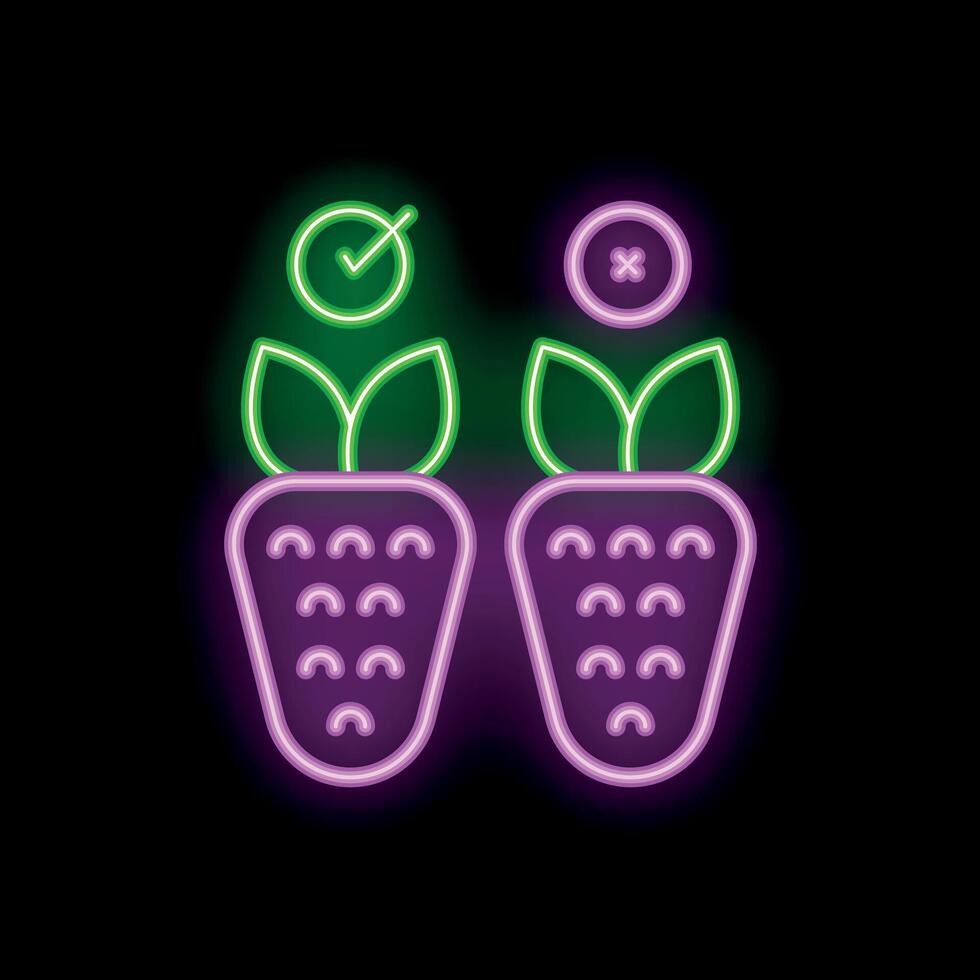 Neon sign showing right and wrong choice with strawberries on black background vector