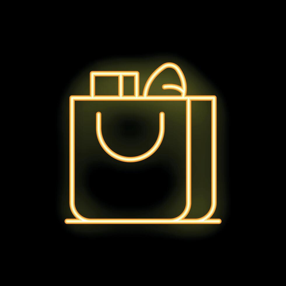 Glowing neon icon of shopping bag full of groceries on black background vector