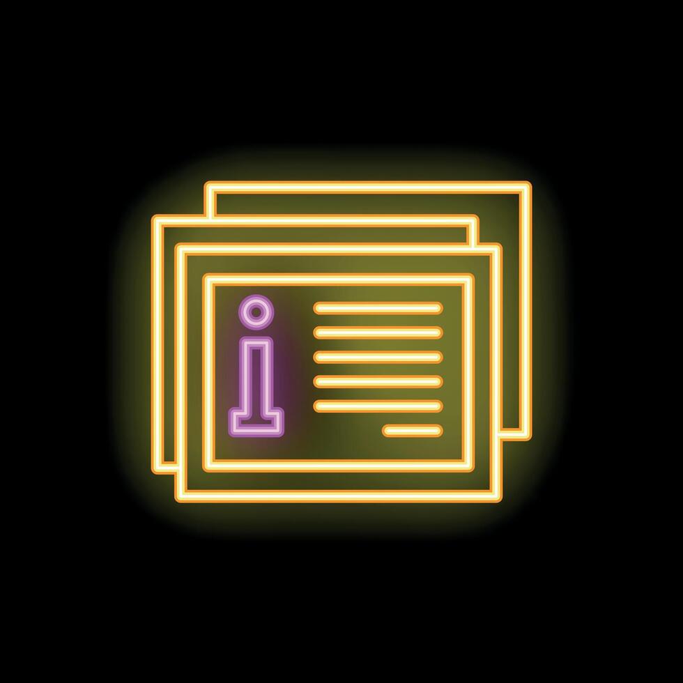 Neon sign showing information symbol on documents on black background vector