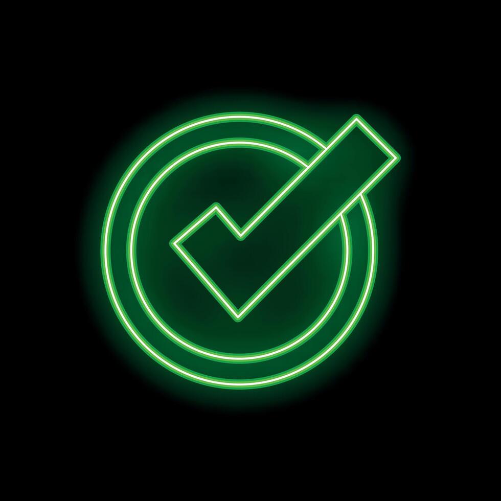 Green neon check mark symbol glowing in dark background vector