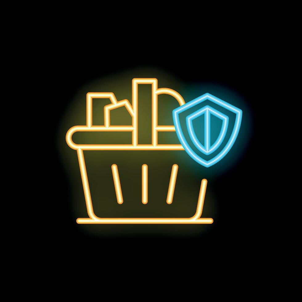 Neon shopping basket icon representing secure online shopping experience vector