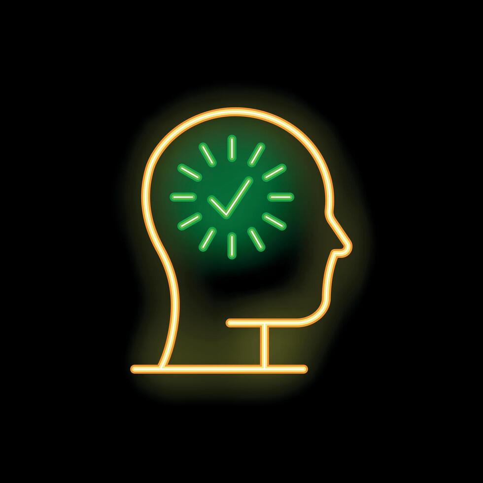 Neon sign representing a head with a clock and a check mark inside symbolizing validation vector