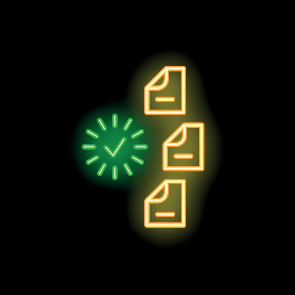 Neon style icon showing documents being approved with check mark vector
