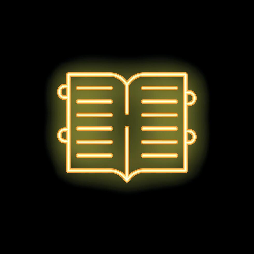 Yellow neon open book icon on black background vector