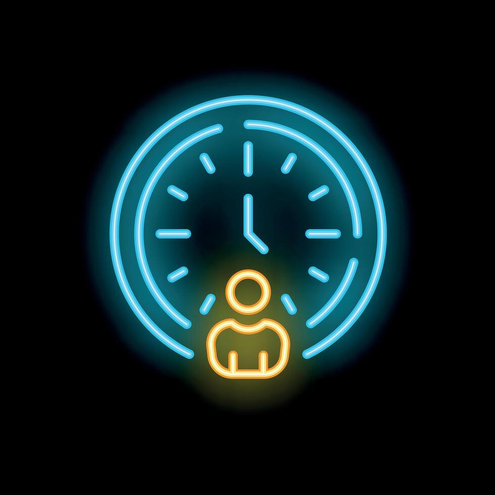 Neon sign representing time management with clock and user icon vector